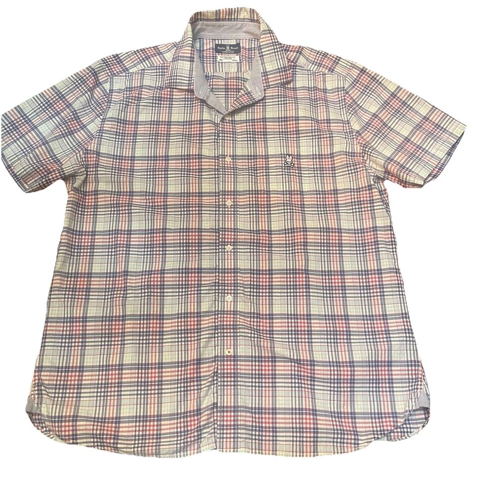 Psycho Bunny Shirt Mens 2XL Blue Plaid Bunny Skull Short Sleeve Button Up Pima
